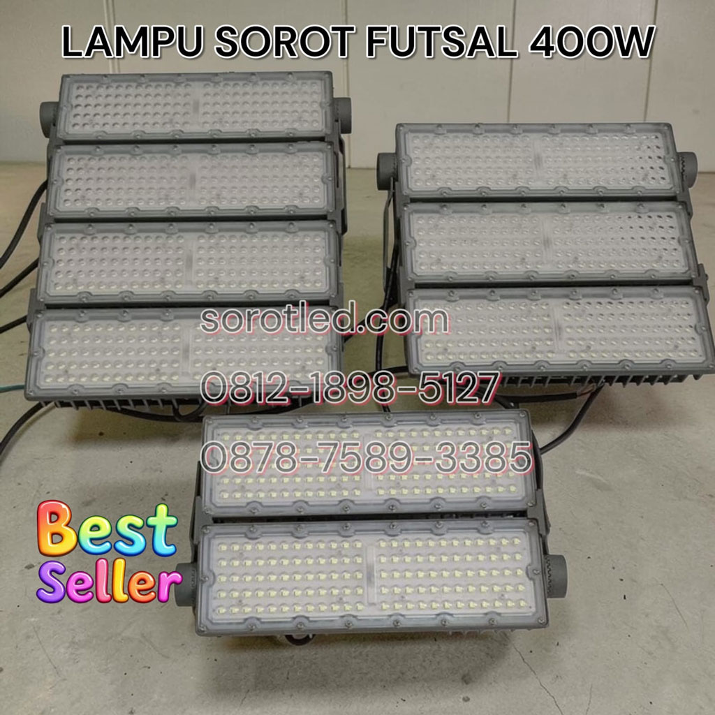 lampu sorot FUTSAL 400W LED IP67 untuk lapangan futsal - Tampak depan, body alumunium, LED Cree SMD3030